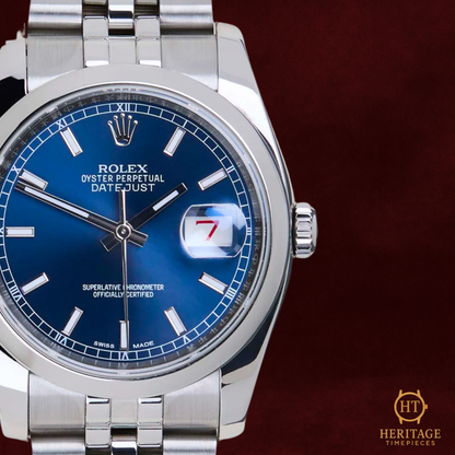 Rolex Datejust 36 “Blue Dial Roulette Date” Jubilee – Reference 116200 (2015) ST