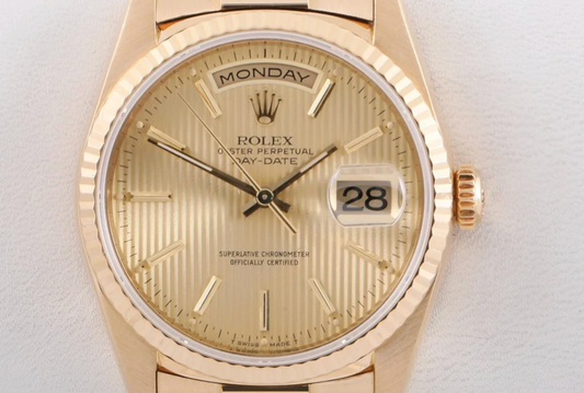 Rolex Men's Day-Date President 36mm 18238 Fluted Bezel Champagne Tapestry Stick