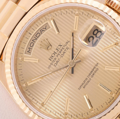 Rolex Men's Day-Date President 36mm 18238 Fluted Bezel Champagne Tapestry Stick