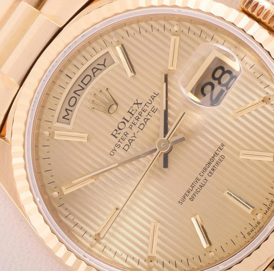 Rolex Men's Day-Date President 36mm 18238 Fluted Bezel Champagne Tapestry Stick